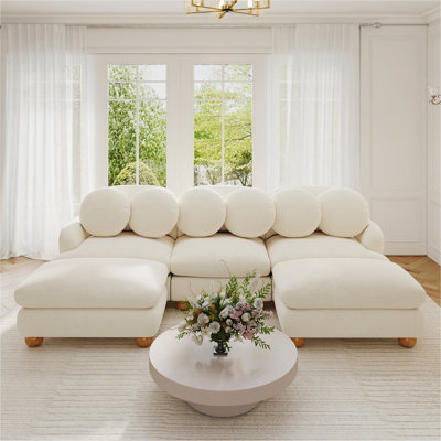 Canapé modulaire confortable en chenille Comfy, canapé 5 places profond avec 6 coussins décoratifs, repose-pieds mobile, structure en bois massif pour le salon, la chambre à coucher et un appartement, rose