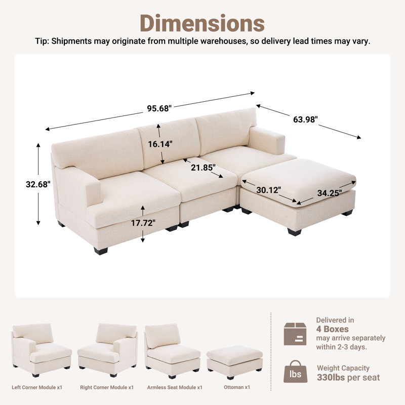 Canapé modulable moderne 4 places de 243 cm (95,68 pouces) pour salon, Mélange de polyester beige