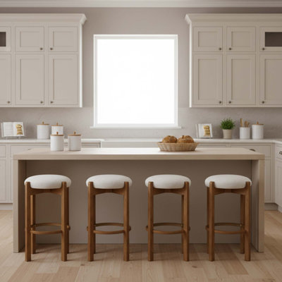 Indoor Wooden Upholstered Barstool With Ivory Upholstery