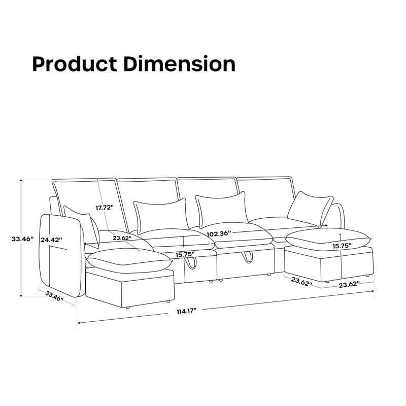 114" 6-Piece Sectional Sofa With 2 Ottomans, Gray Linen