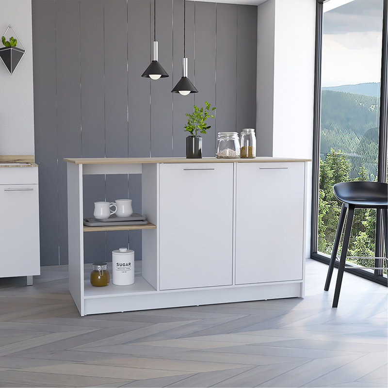Kitchen Island, Four Open Shelves, Two Cabinets  -Light Oak / White, White/Oak