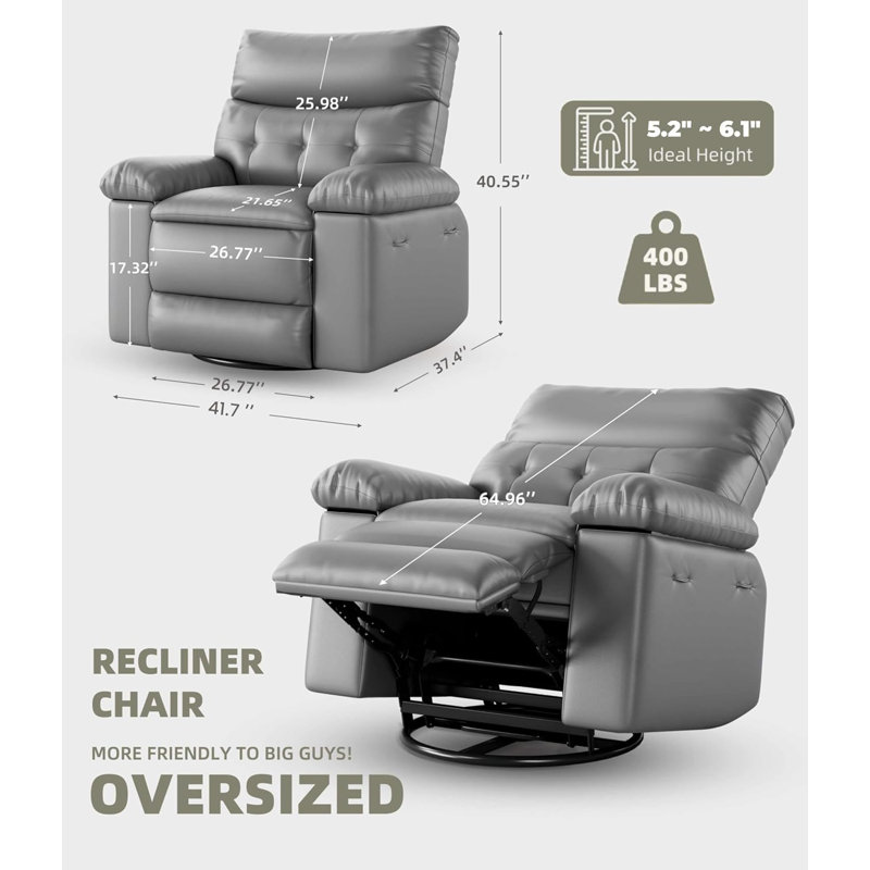 360° Rocker Swivel Recliner, Oversized Wide, Gray