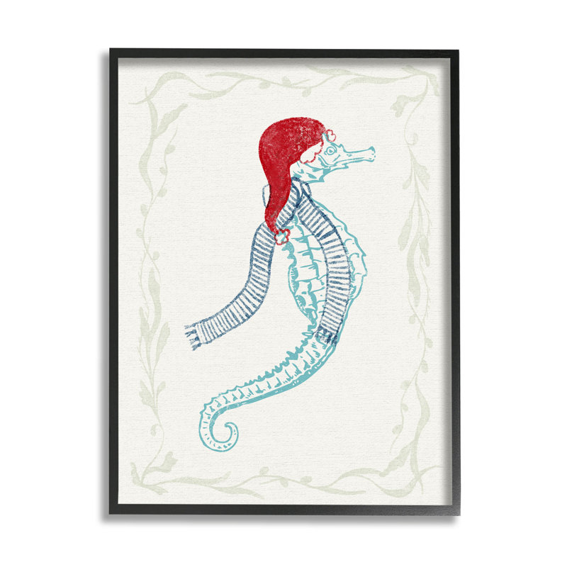 Coastal Christmas Seahorse Santa at-288, H 14 po x l 11 po x P 1,5 po, Giclée encadrée noir minuit