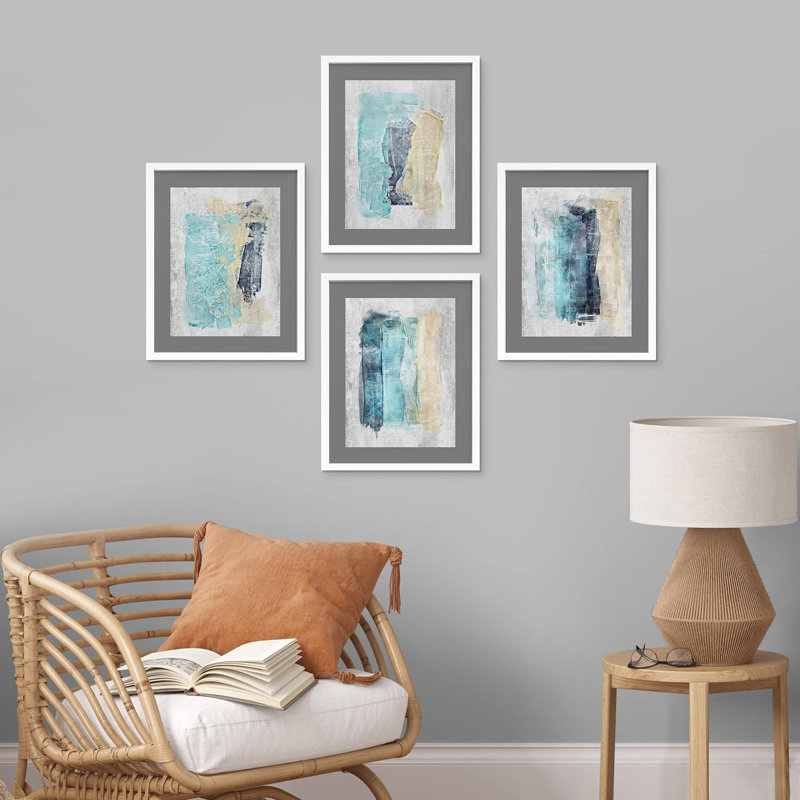 Pastel aquarelle bleu sarcelle jaune, coup de peinture jaune, ensemble de 4 impressions murales abstraites encadrées sur papier, impression de 4 pièces