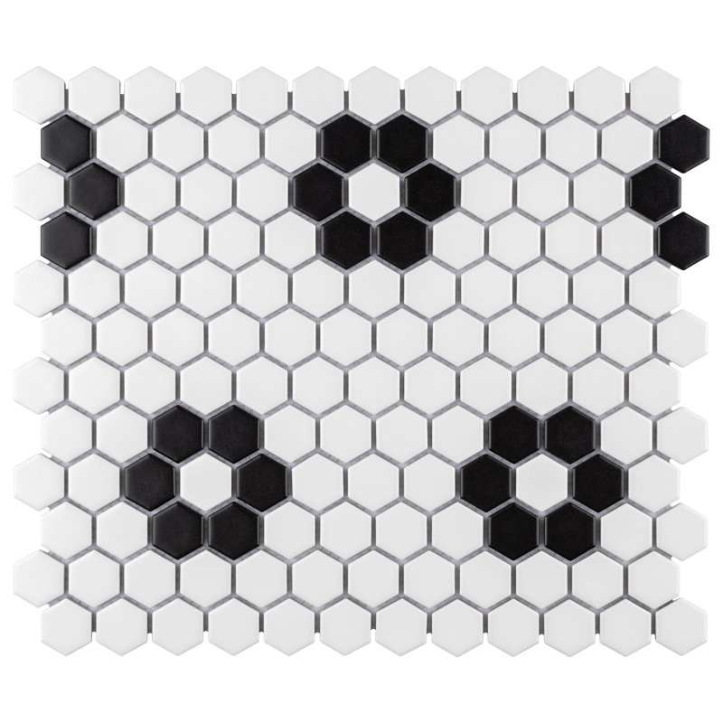Carreau de mosaïque de plancher et de mur en porcelaine Hex 10-1 / 4 "x 11-7 / 8" Metro 1, Blanc / Noir