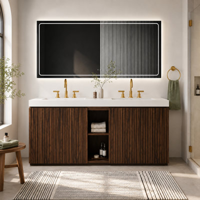 72" Winston Walnut Freestanding Double Sink Bathroom Vanity With Integrated Quartz Sink, Fluted Panel Design, Soft-Close Doors, Central Open Shelf, White/Black Basin Options, Modern Bathroom Cabinet
