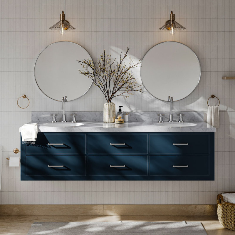 Ensemble de meuble-lavabo double mural 73 po Macmullin, Bleu minuit, Laiton satiné, Quartz blanc pur