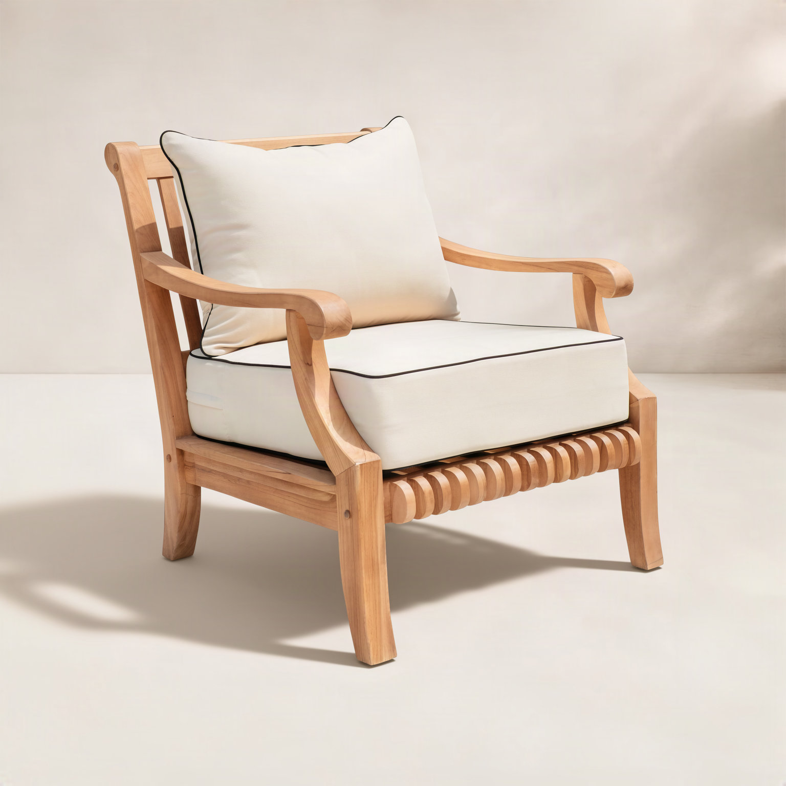 Jo Teak Patio Lounge Chair, Taupe with Black Piping
