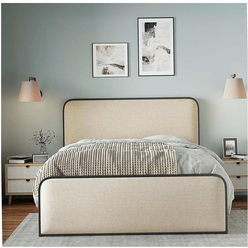 Structure de lit moderne en métal avec tête et pied de lit en tissu courbé, avec rangement sous le lit, lattes de lit en métal robustes