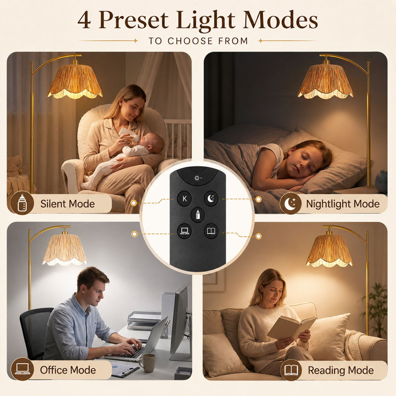 Lampe sur pied 67 po Boho Gold Boho Rattan Arc avec télécommande et ampoule à DEL à intensité variable incluse pour la lecture dans le salon