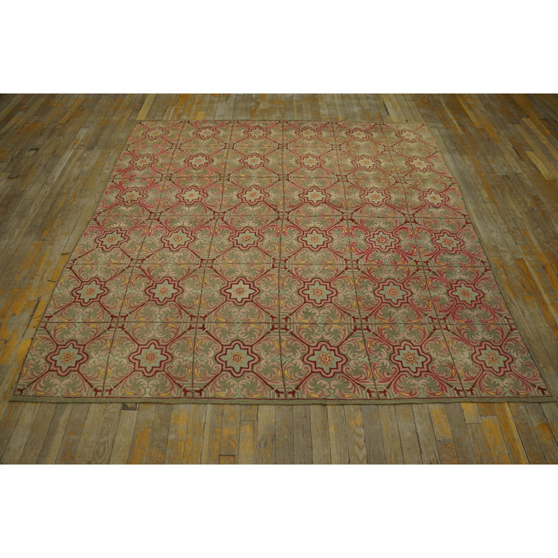 Antique Square Shape Allover Geometric Pattern American Hooked Rug
