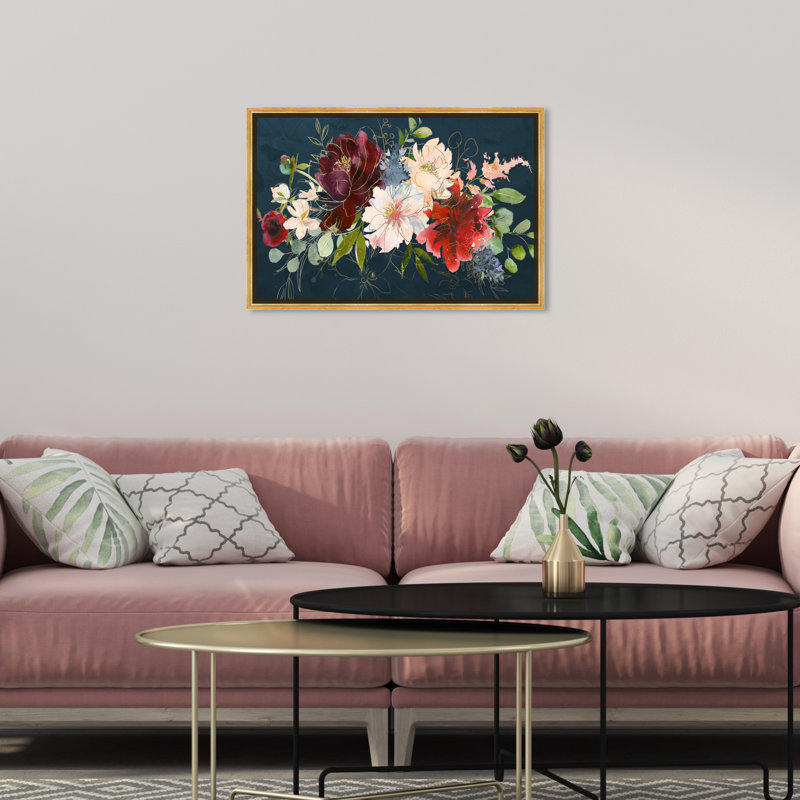 Automne floral bleu marine - Impression sur toile, H 16 po x l 24 po, Encadrement doré