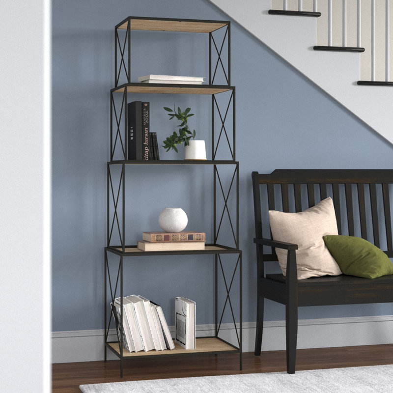 STACKABLE FOUR TIERED METAL AND WOOD SHELVING UNIT