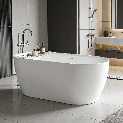 63" x 29.53" Freestanding Soaking Acrylic Oval Bathtub with Sharp Edges