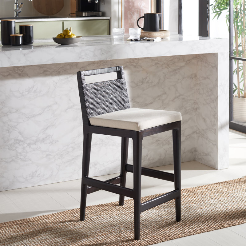 Velga Solid Wood Upholstered Counter Stool , White Seat/Black Frame