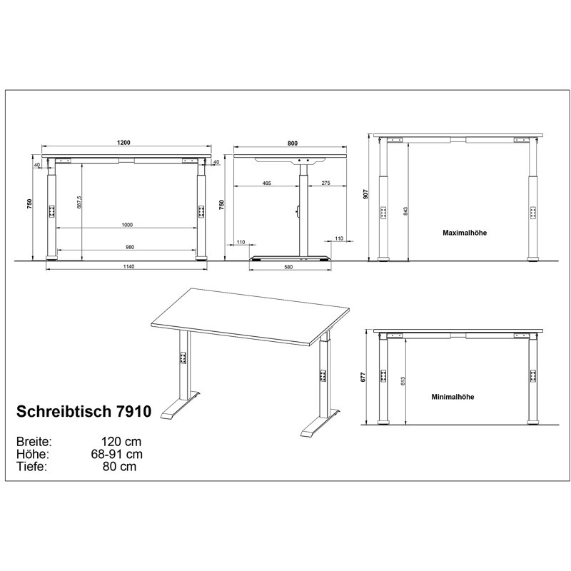 Bonares Adjustable Metal Base Desk, Black, 91cm H x 120cm W x 80cm D