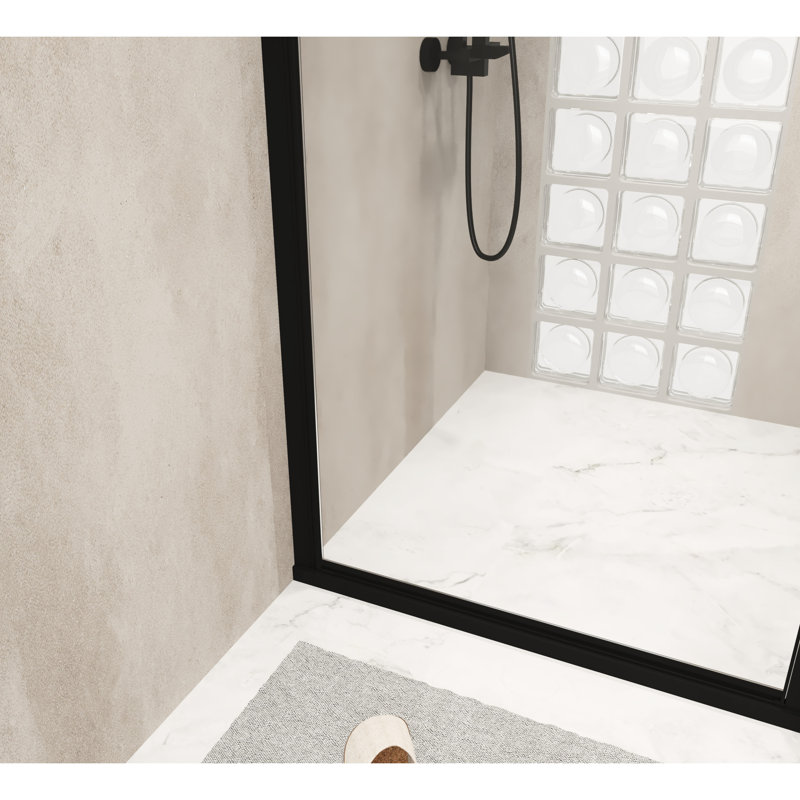 28x72 Inch Shower Door With Pivot Mechanism, Black Aluminum Frame, 1/4" Tempered Glass, Film, Water - Blocking Strip, Smooth Swing For Bathroom Improvement Featuring Half 6mm Transparent Raised Shock