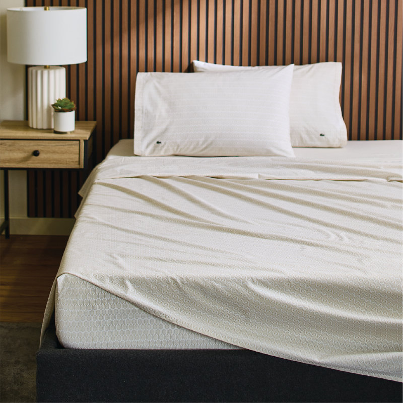 Lacoste Racquets 100% Cotton Percale Sheet Set, Beige, Queen Sheet Set with 2 Pillowcases