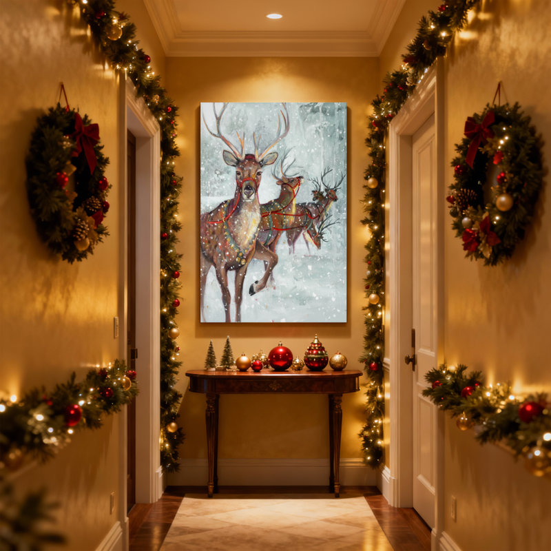 Renne de Noël tirant un traîneau dans une scène d'hiver enneigée, ensemble de 3 impressions sur toile, H 30 po x l 20 po