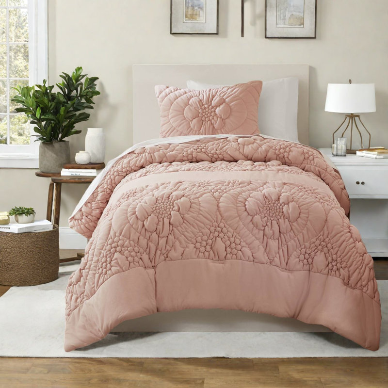 Ensemble de literie 3 pièces romantique rose, polyester doux, confort toutes saisons
