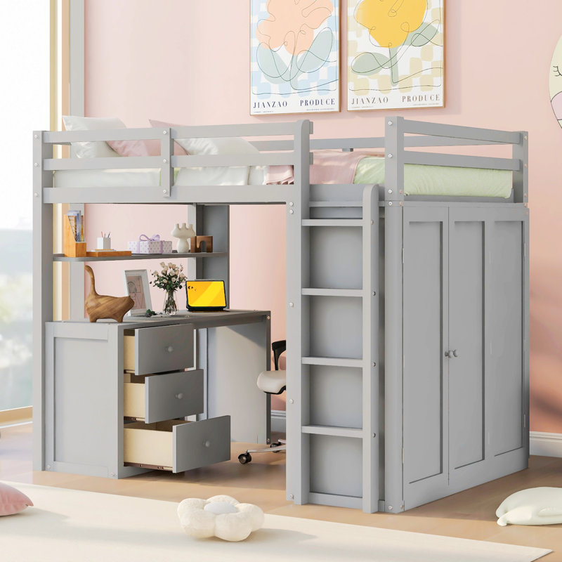 Loft Bed With with Drawers,Desk,and Wardrobe,Platform Bed,Bed Frame, Twin, Gray