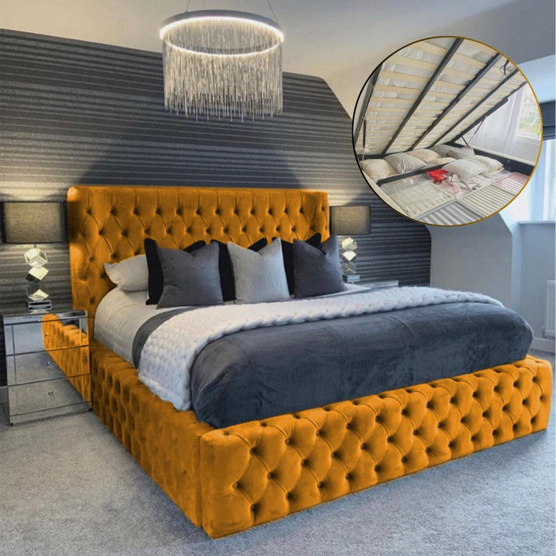 Aliyannah Upholstered Ottoman Storage Bed, Mustard, Super King (6')