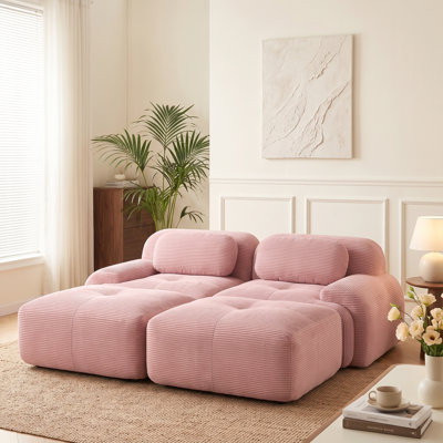 Canapé modulable rose 2 places en velours côtelé avec 2 poufs, design lounge bas