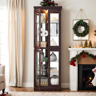 Lighted Curio Cabinet 71" Vintage Glass Display Case with Adjustable Shelves, 4 Tempered Glass Doors, Bulb Included, Wooden Square Wine Bar China Cabi by Eyisean