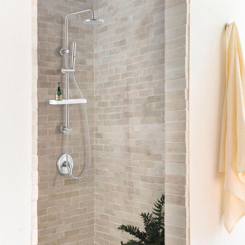 38"H 6 in Exposed Rain Shower Seystem With Handheld Shower (Valve Not Included), Brushed Nickel