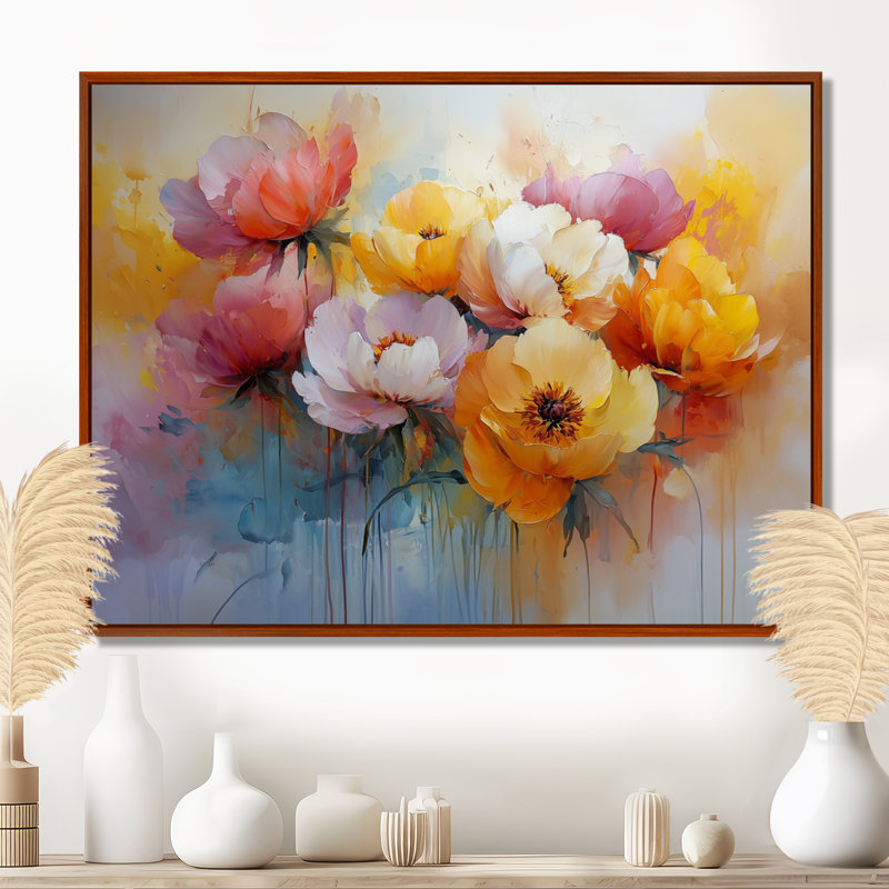 «Summer Peony Vibrant Garden II» - reproduction d'art sur toile encadrée, 28" H x 60" W, Cadre flottant brun