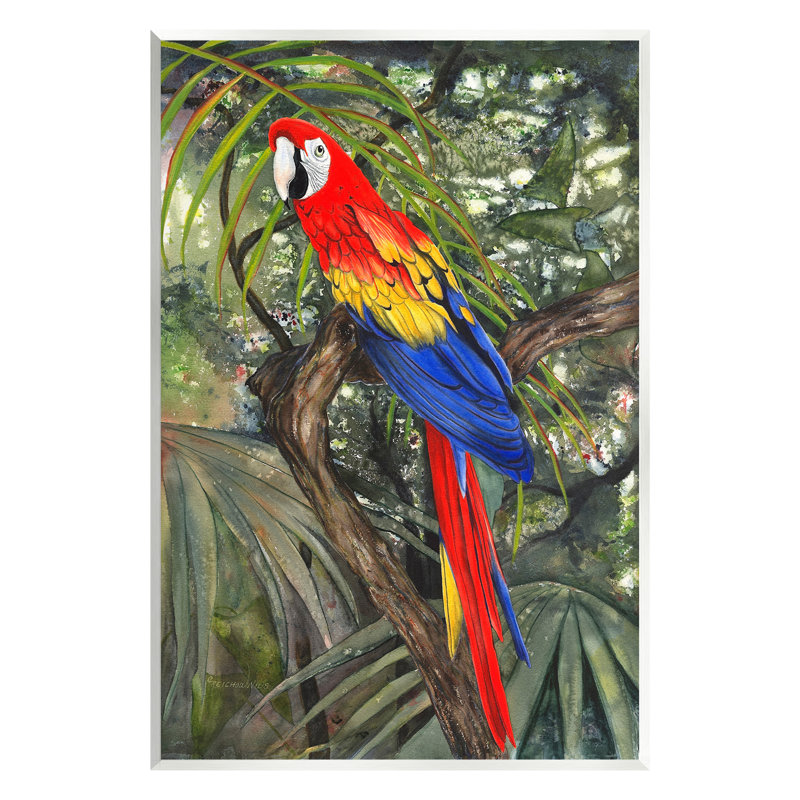 Art mural perroquet parmi les branches par Christine Reichow, H 19 po x l 13 po