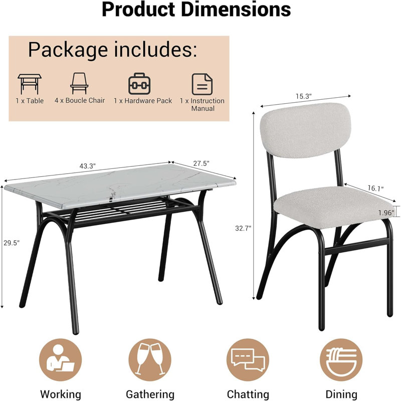 Table de salle à manger pour 4, table de cuisine avec fauteuils bouclés pour 4, table de salle à manger rectangulaire moderne avec support de rangement pour petits espaces