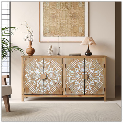 Armoire d'appoint 60 po en bois avec 4 portes, garde-manger moderne brun et blanc antique, buffet en bois, meuble multimédia, meuble console, meuble d'entrée, salon, chambre à coucher, salle à manger