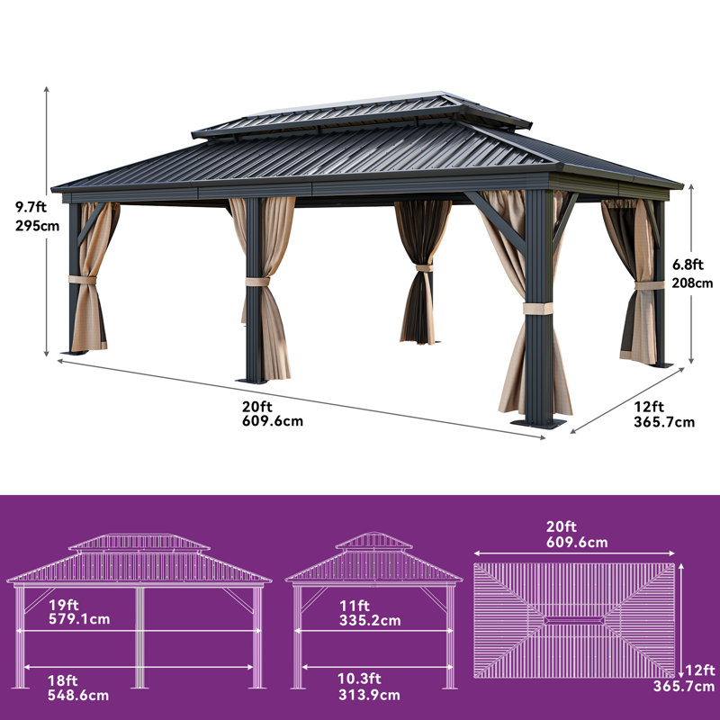 Hardtop Double-Roofed Aluminum Patio Gazebo Multiple Sizes, 20 ft x 12 ft, Brown