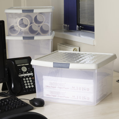 Wham Clip 25.5L Square Plastic Storage Boxes with Secure Clip Lock Lids. L:39.5 x W:39.5 x H:22.5cm Clear/Stone/Slate Grey