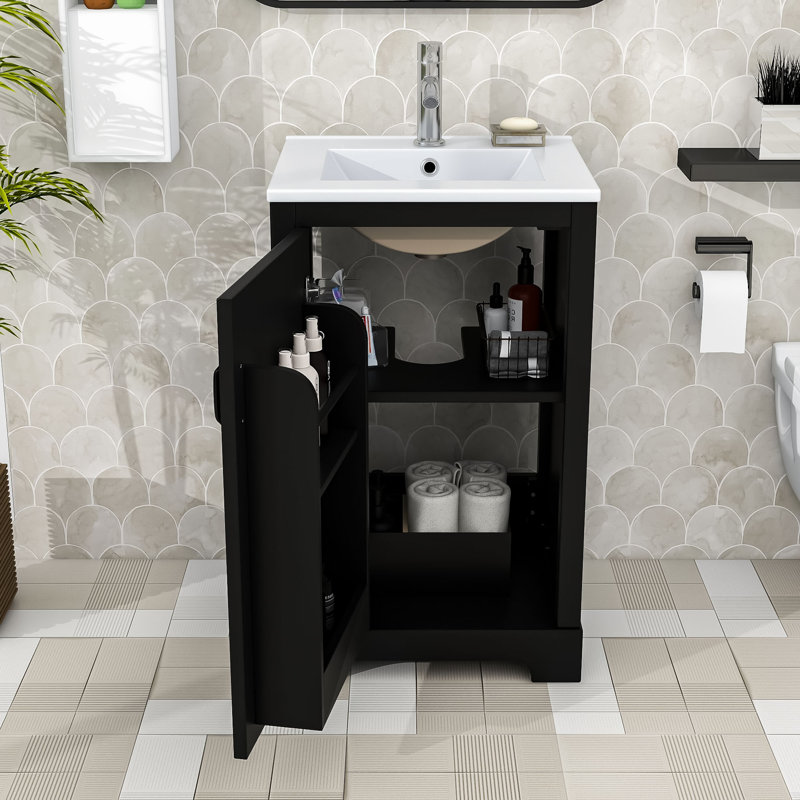 Meuble-lavabo compact avec portes et tablettes à fermeture en douceur, Noir