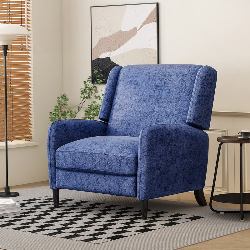 Oversized Textured Fabric Pushback Recliner, Navy Blue and Dark Brown
