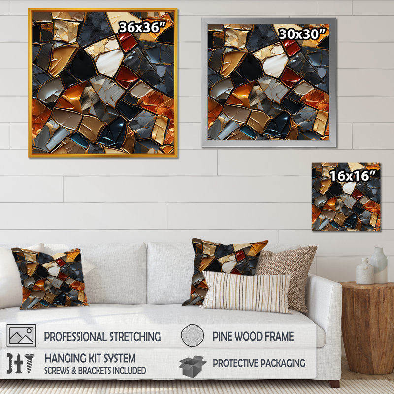 Cubic Mosaic Marble Tiles I - Abstract Tile Wall Art, Cadre doré simple, H 16 po x l 16 po x P 1 po