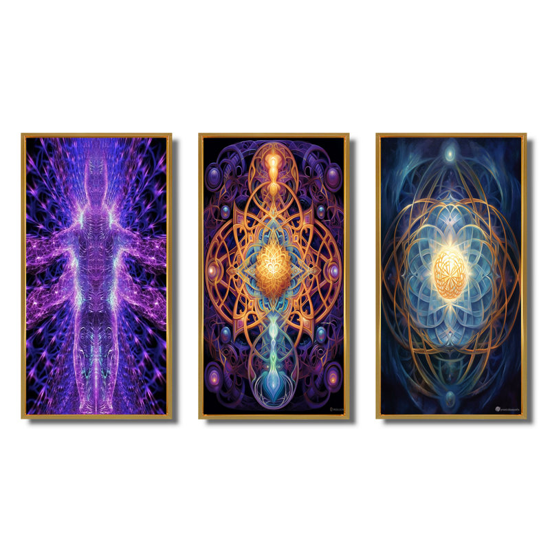«Purple Energetic Body Matrix Meditation», 3 pièces sur toile, Encadrement doré, H 36 po x l 28 po