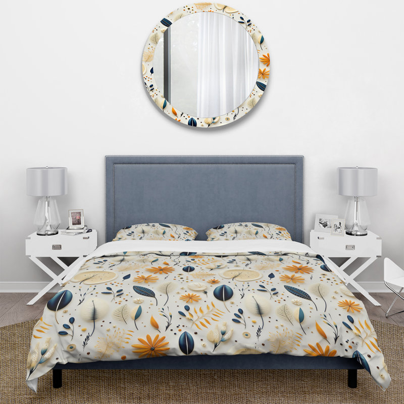 Literie à motif de fougères bleues et blanches, Housse de couette pour grand lit et 2 taies décor