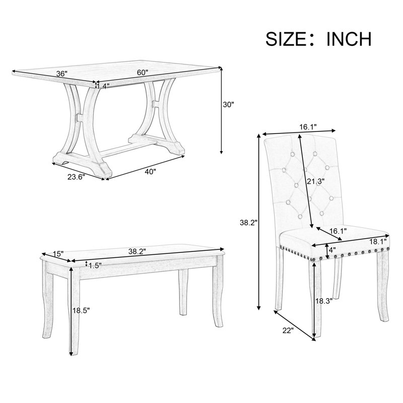 Ensemble de table de salle à manger 6 pièces, table à tréteaux rectangulaire, 4 chaises rembourrées et banc pour la salle à manger