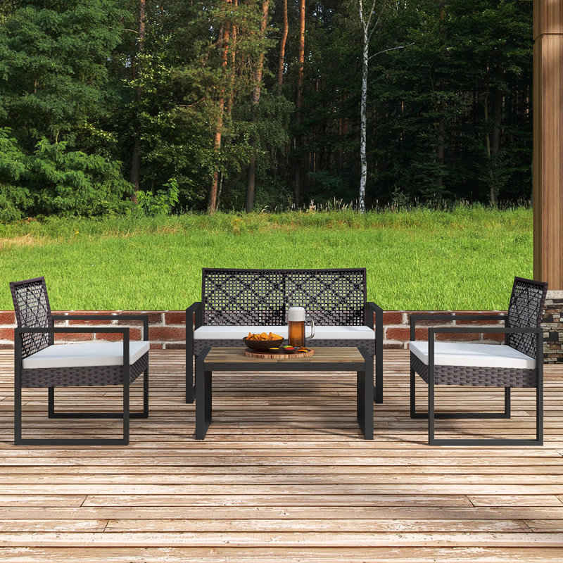 4-Piece Patio Furniture Set Outdoor In Brown｜Acacia Wood Table Top | Beige Cushion | Lawn Furniture Balcony Porch Garden Backyard