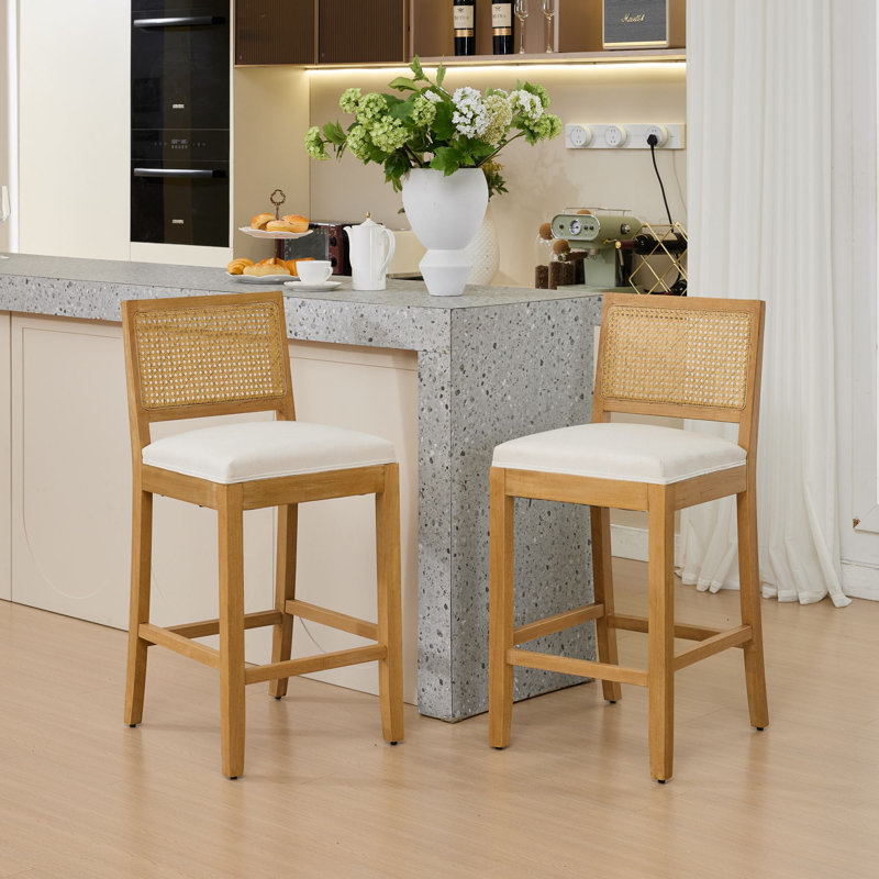 Set of 4 Solid Wood Rattan-Back Bar Stool, Matte Linen Cushion with High-Resilience Foam & S-Springs, Beige