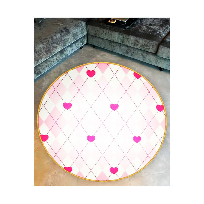 Pink Tile Patterned Heart Detailed Woven Base Decorative Carpet, Round 5'