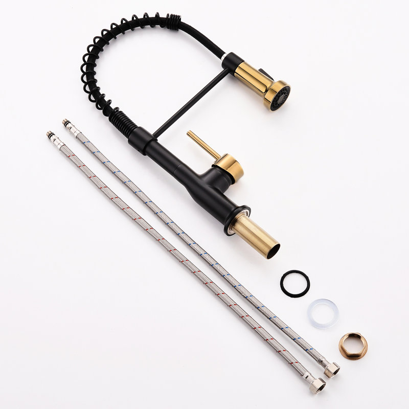 Fashionable Black And Gold Kitchen Faucet With Pull Out , Single Handle, Stainless Steel Structure, Multifunctional Water Usage Options Presented Chic Down Handle Lever, Material, Easy Flow Adjustment