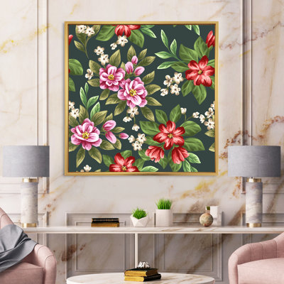 Fleurs rétro roses et rouges I - peinture sur toile
