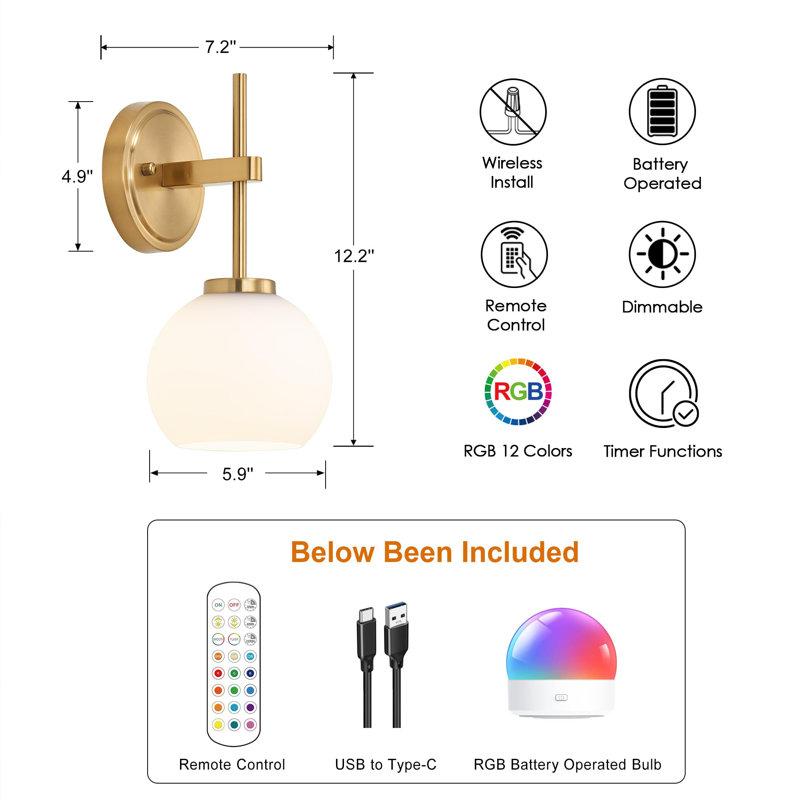 Gold Battery Operated Wall Sconce Set of 2, Wireless Rechargeable Sconces Wall Lighting with Remote Control, LED Dimmable Wall Lights with Opal White Glass Shade, 12 Colors RGB & 3 CCT Bulb