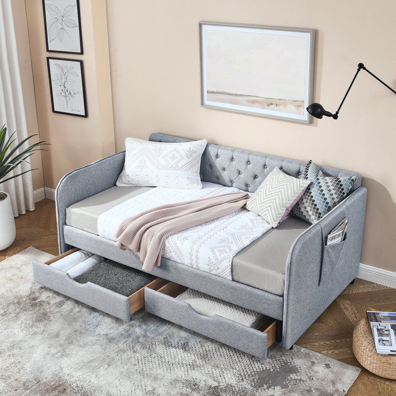 Twin Size Upholstery Daybed With Trundle Bed And Two Storage Drawers , Flat Arms With Pocket, Extendable Daybed For Bedroom Living Room,Linen