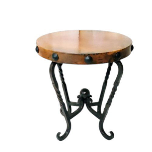 Hand-hammered Copper Top Side Table: Rustic Wrought Iron Base