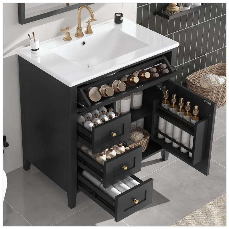 Meuble-lavabo autoportant moderne avec tiroirs et tablette réglable, 30", Black